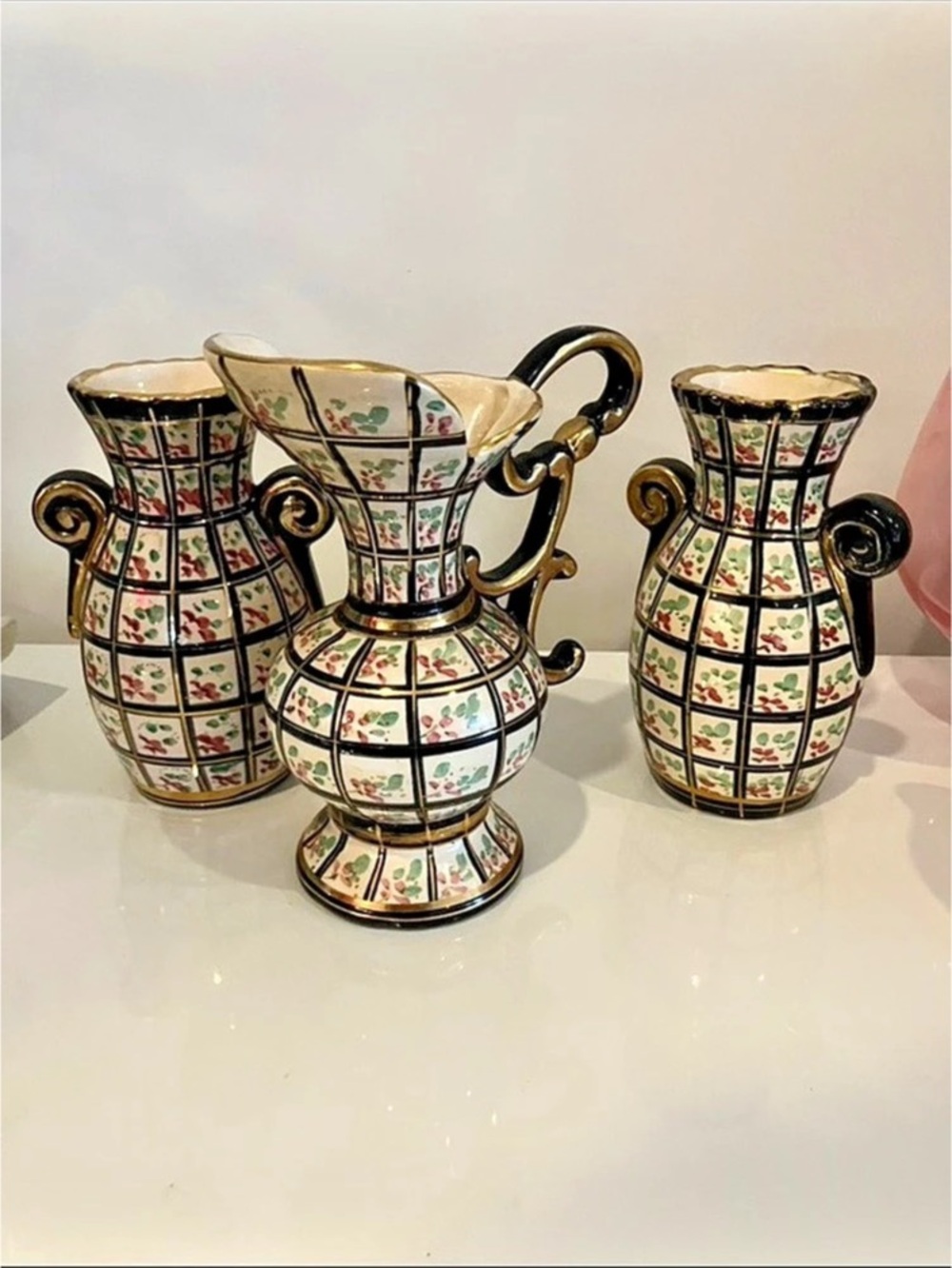 Handpainted Hubert Bequet Quaregnon Belgium Art Pottery Floral Pitcher & Vase